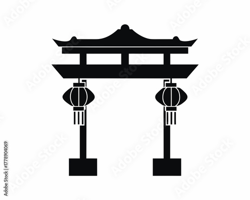 Chinese gate and lanterns silhouette vector illustration isolated on white background