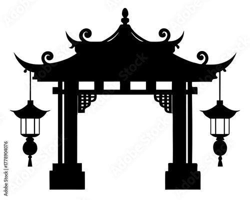 Chinese gate and lanterns silhouette vector illustration isolated on white background