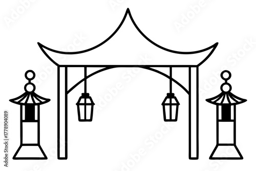line art Chinese gate and lanterns silhouette vector illustration isolated on white background