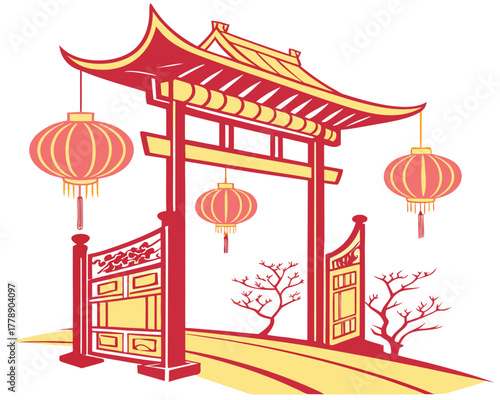 Chinese gate and lanterns silhouette vector illustration isolated on white background