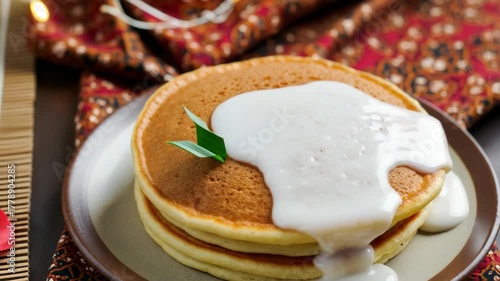 Pancakes with white sauce and garnish on a plate