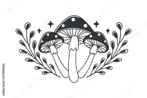 Three outline mushrooms with leaves and stars
