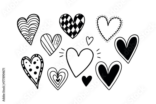 Collection of hand drawn hearts with various line patterns