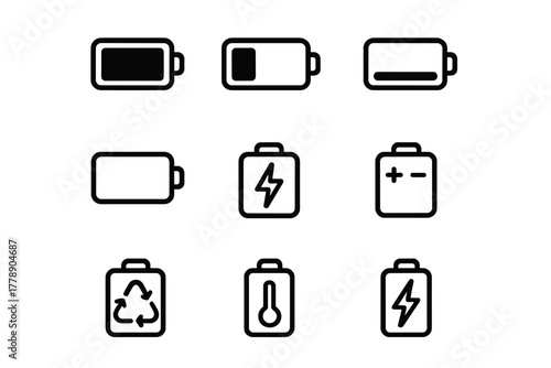 Battery technology silhouette icon set. featuring empty, full, charging, temperature, recycling, and low power symbols