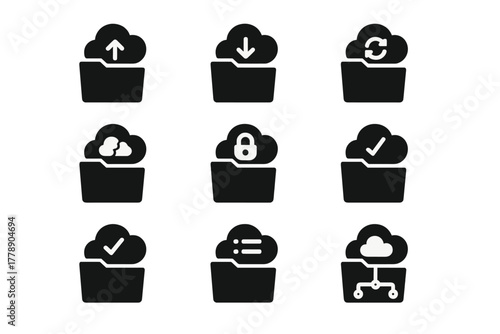 Cloud storage silhouette icon set. featuring upload, download, sync, lock, folder, and network symbols