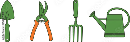 Basic Gardening Tool Icons Trowel, Pruner, Garden Fork, Watering Can