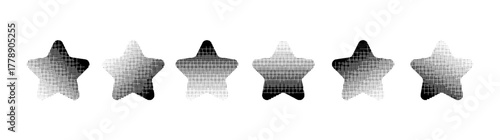 Set of geometric star shapes with halftone pattern and grain texture. Retro abstract vector in monochrome style. Modern graphic element for web, banner, certificate, and design projects