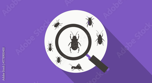 Investigating Insects: Magnifying Glass Focused on Diverse Insect Silhouettes on Violet Backdrop