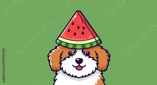 Adorable cartoon puppy wearing a whimsical watermelon slice hat against a green backdrop offering