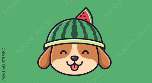 Whimsical canine with watermelon headwear, a cheerful cartoon dog sporting refreshing fruity