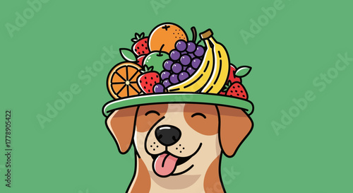 Cheerful dog cartoon with a hat made of colorful ripe fruits conveying humor and joy