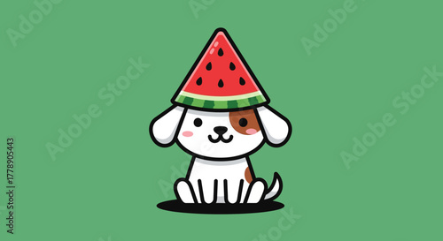 Adorable cartoon dog with a watermelon hat on green background for summer vibe illustration