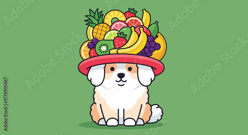 Adorable dog wearing fruit hat, delightful illustration for healthy lifestyle concept