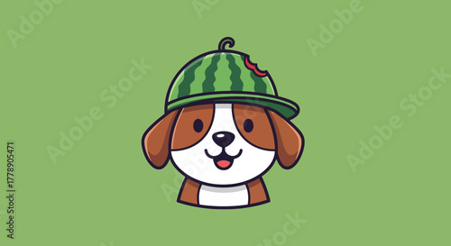 Playful canine cartoon character adorning a watermelon rind hat against a muted green backdrop