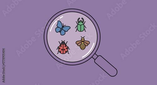 Insects under scrutiny: A magnified view of butterfly beetle ladybug and bee in a loupe entomology