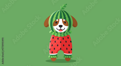 Adorable puppy dressed in a fun watermelon costume on a vibrant green background