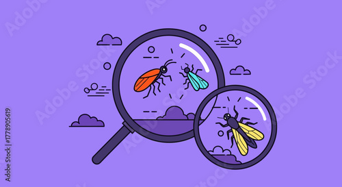 Detailed cartoon illustration presenting colorful insects under magnifying lenses inspection