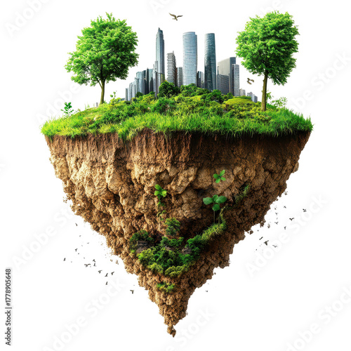 Floating island with city skyline and trees against a black backdrop on transparent background