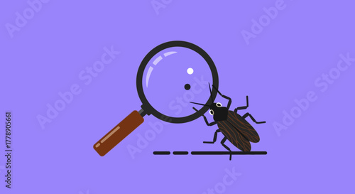 Magnifying glass reveals details of an insect on a plain purple background offering a minimal design