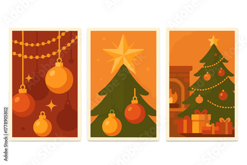 Christmas flat icon set. featuring tree, ornaments, star, fireplace, gifts, and decorations