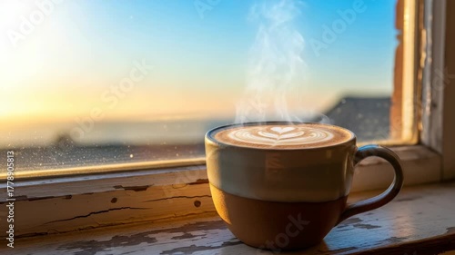 Steaming coffee cup near window sunlight