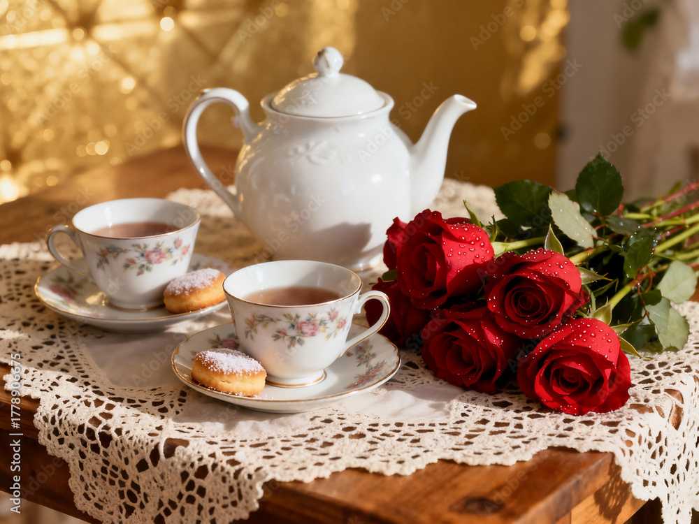Fototapeta premium A romantic still life featuring a white teapot and two cups of tea with floral patterns, next to a bouquet of wet red roses, all on a lace-edged wooden table.
