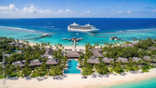 Tropical island resort with cruise ship and turquoise waters aerial view