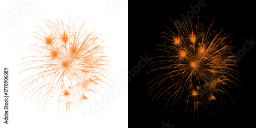 Two orange fireworks exploding against a black background, celebration