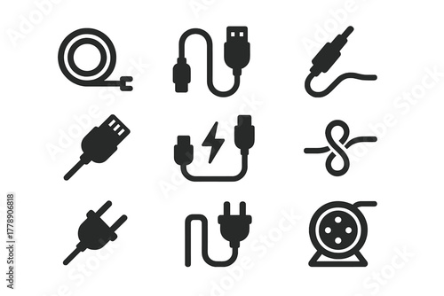 Electrical cables silhouette icon set. featuring coil, usb, aux, adapter, plug, extension, and power symbols