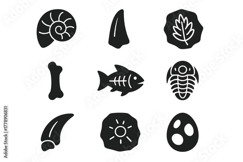 Paleontology silhouette icon set. featuring ammonite, fossilized tooth, fern, bone, fish, trilobite, claw, sand dollar, egg