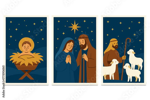 Nativity flat icon set. featuring jesus, mary, joseph, star, manger, angels, shepherds, sheep, wise men, gifts