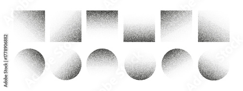 Abstract gradient set with square and round shapes, grain and noise texture. Stipple pattern, halftone effect, and grunge dust elements. Modern geometric vector design in black and white retro style