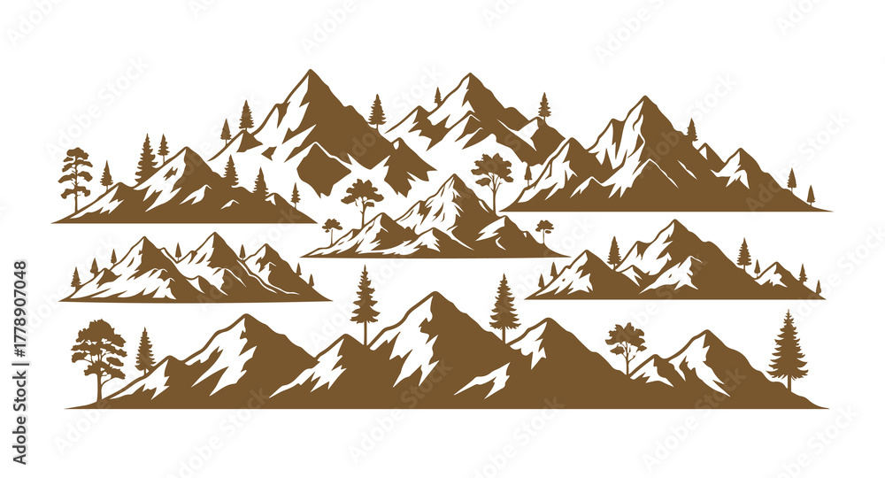 Fototapeta premium Silhouettes of mountains. A vector of mountains, featuring outdoor design elements, mountain landscapes, trees, and pine vectors, showcasing mountain scenery.
