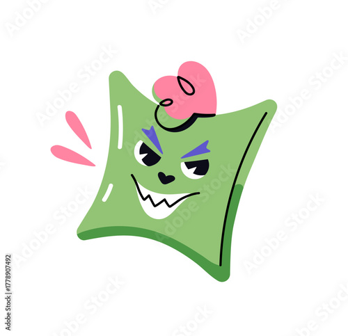 Abstract geometric shape with angry smile. Naughty character icon. Hooligan with mischievous facial expression. Crazy bully with grin on face. Flat isolated vector illustration on white background