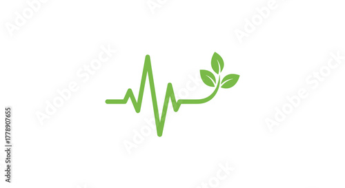Healthy Heartbeat EKG Line Vector Logo: Green Pulse with Organic Leaves for Natural Health, Wellness, Cardiology, Eco-Friendly Medicine, Vitality, and Life Insurance Branding