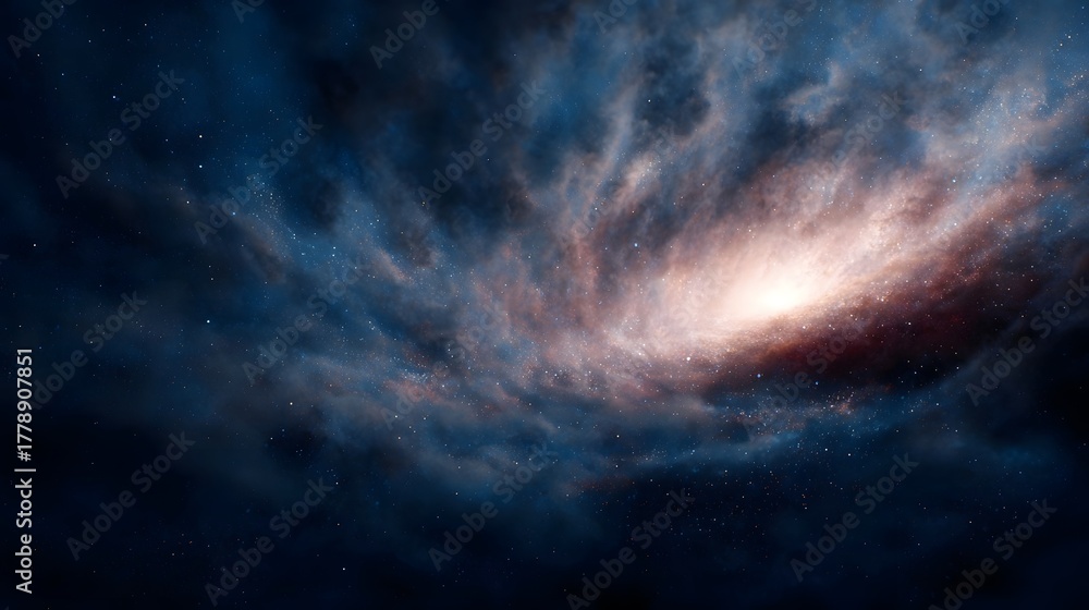 Fototapeta premium A vibrant spiral galaxy illuminates the deep space with swirling cosmic dust clouds and distant stars