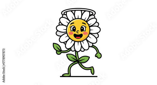 Animated daisy character with a halo running playfully on a white backdrop creating a cheerful vibe