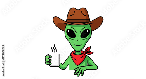 An extraterrestrial cowboy enjoying a warm beverage with a relaxed facial expression