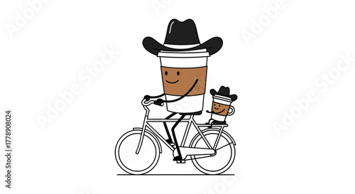 Coffee cowboy cup enjoying a bike ride with his little cowboy cup partner on white background
