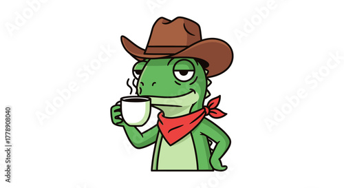 Cartoon dinosaur cowboy with coffee cup illustration perfect for graphic design projects or