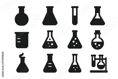 Science equipment silhouette icons set. featuring flask, beaker, test tube, and lab apparatus