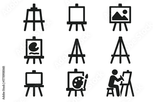 Art tools silhouette icon set. featuring easel, painting, canvas, palette, artist, and brush symbols