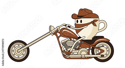 Cartoon coffee cup character with a cowboy hat riding a vintage motorcycle illustration