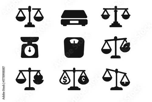 Justice and measurement silhouette icon set. featuring scales, balance, and weighbridge symbols