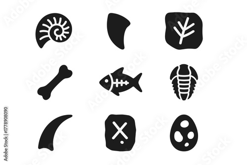 Paleontology silhouette icon set. featuring fossil, dinosaur, fish, trilobite, bone, and egg symbols
