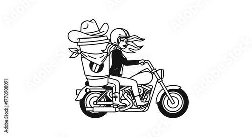 Motorcycle rider carrying oversized coffee with cowboy hat, a humorous and adventurous design