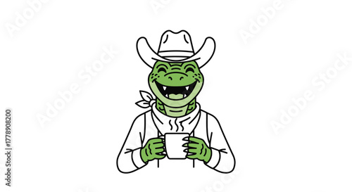 Cartoon alligator sheriff sipping coffee exudes friendliness on a white background