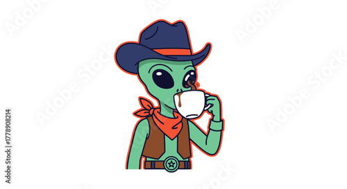 Cartoon alien dressed as a cowboy enjoying a cup of coffee illustration