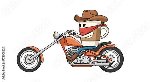 Cartoon coffee mug bandit cruising on an orange motorcycle with a white background illustration