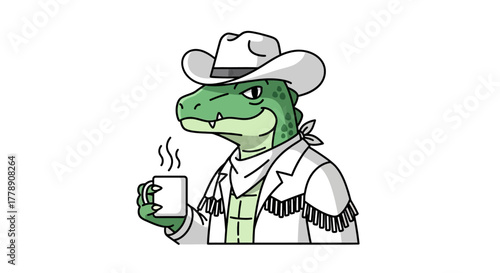 Cartoon alligator cowboy enjoys hot beverage, a modern illustration on a plain background